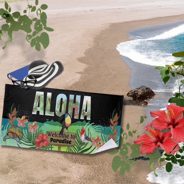 Lebhaftes Watercolor Aloha Tropical Paradise Strandtuch (Vibrant Watercolor Aloha Tropical Paradise Beach Towel )