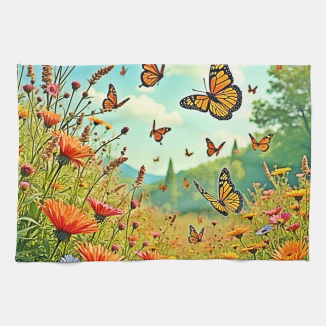 Lebhaftes Wildblume Butterfly Joy Design Geschirrtuch (Horizontal)