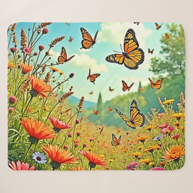 Lebhaftes Wildblume Butterfly Joy Design Sherpadecke (Vorderseite (Horizontal))