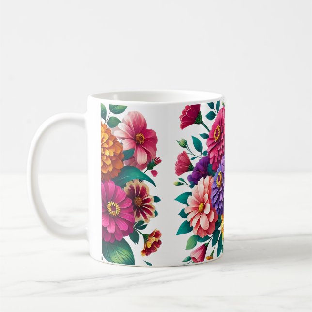 Lebhaftes Zinnias- und Cosmos-Blumendesign Kaffeetasse (Links)