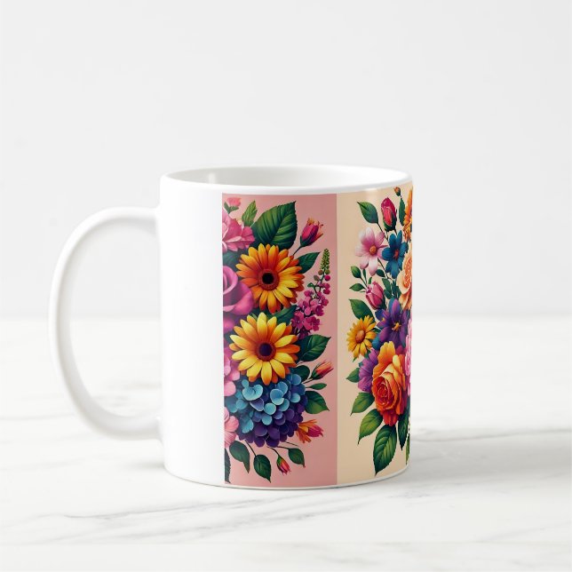 Lebhaftes Zinnias- und Cosmos-Blumendesign Kaffeetasse (Links)