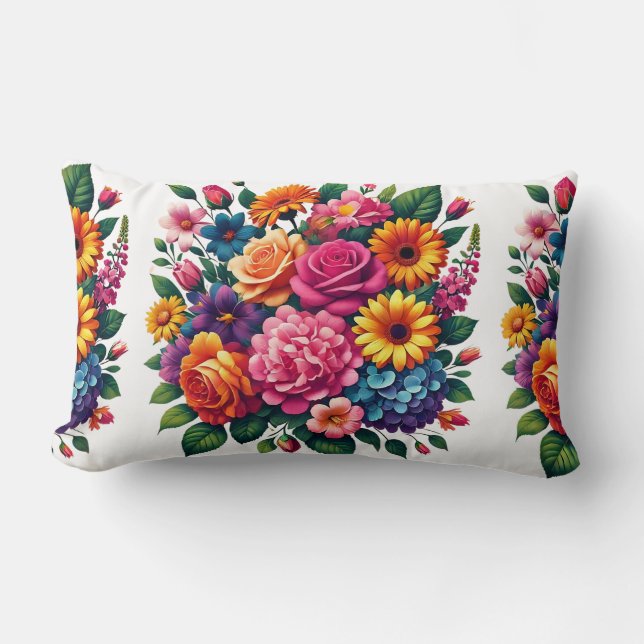 Lebhaftes Zinnias- und Cosmos-Blumendesign Lendenkissen (Vorderseite)