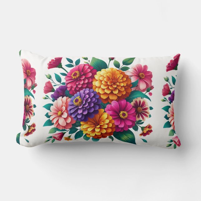 Lebhaftes Zinnias- und Cosmos-Blumendesign Lendenkissen (Vorderseite)