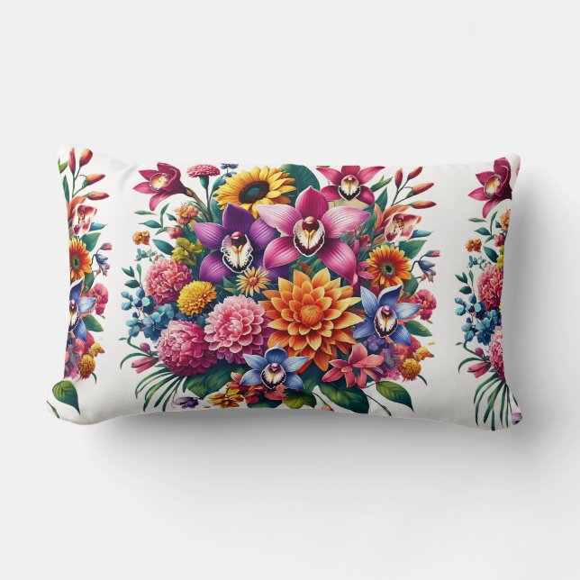 Lebhaftes Zinnias- und Cosmos-Blumendesign Lendenkissen (Vorderseite)