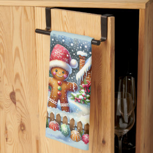 Lebkuchen-Familie Verschneite Weihnachtsszene Blau Geschirrtuch