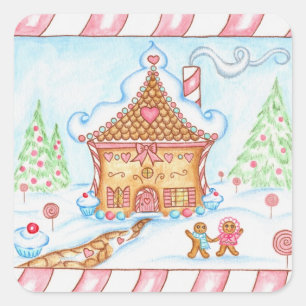 Lebkuchen-Herz-Haus-Aufkleber Quadratischer Aufkleber