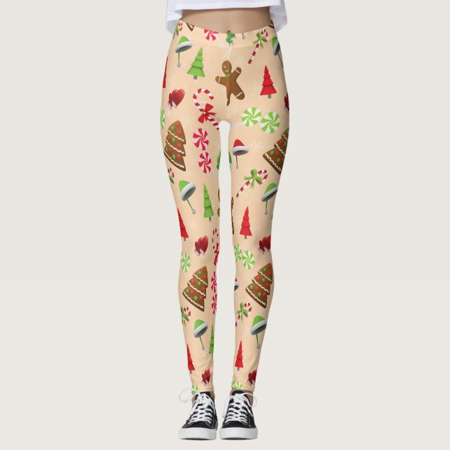 Lebkuchen Mann, Süßigkeiten und Weihnachtsmannmütz Leggings (Vorderseite)
