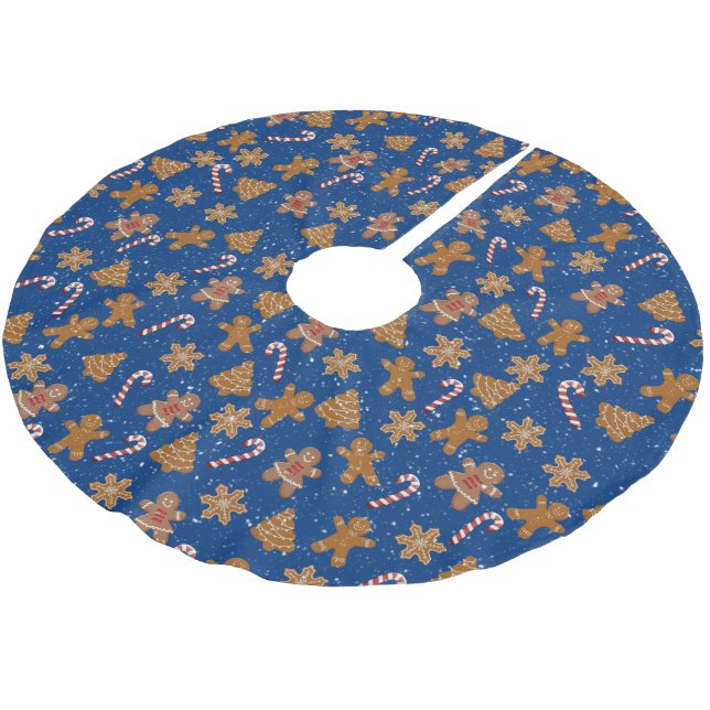 Lebkuchen und Bonbons in Schneeflocken Polyester Weihnachtsbaumdecke (Schrägansicht)