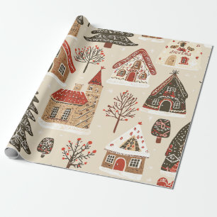 Lebkuchen-Weihnachtsdorf Creme Braun Rot Geschenkpapier