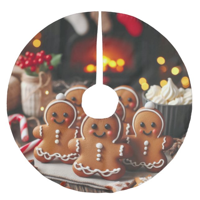 Lebkuchenfamilie am Feuer Polyester Weihnachtsbaumdecke (Vorderseite)
