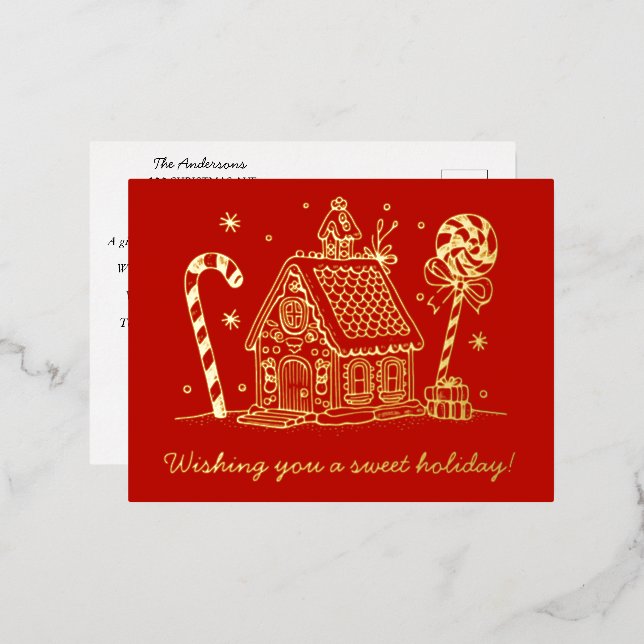 Lebkuchenhaus | Candy Cane Red Folien Feiertagspostkarte (Vorderseite/Rückseite)