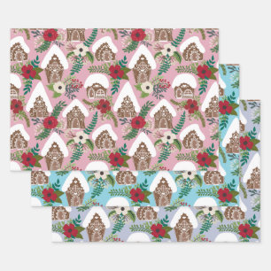 Lebkuchenhäuser mit Weihnachtsfloralen Geschenkpapier Set