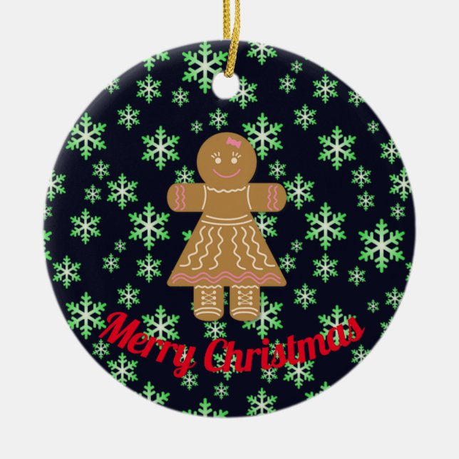 Lebkuchenmädchen und grüne Schneeflocken Keramikornament (Vorne)