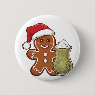 Lebkuchenmann mit Matcha-Getränk Weihnachten Button