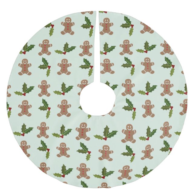 Lebkuchenmänner und Stechpalmen-Muster Polyester Weihnachtsbaumdecke (Vorderseite)
