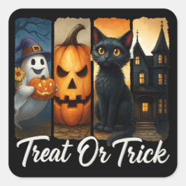 "Leckerei oder Trick" Halloween-Pinselstrichkatze Quadratischer Aufkleber