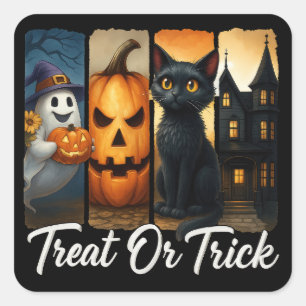 "Leckerei oder Trick" Halloween-Pinselstrichkatze Quadratischer Aufkleber