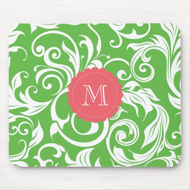 Leckeres Wassermelone-Grün-Monogramm-Blumentapete Mousepad (Vorne)