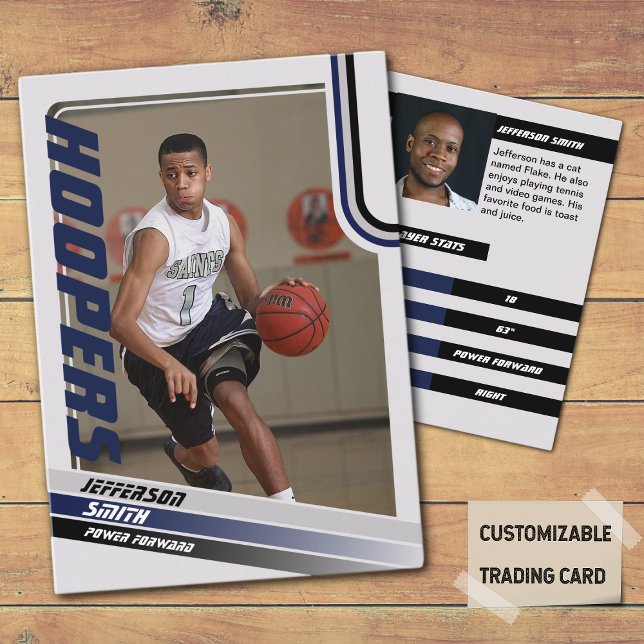 Lecteur de basket-ball Carte de commerce personnal (Basketball Player Trading Card in Grey with custom team name and player name with Blue stripes
)