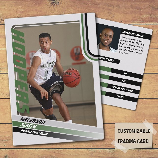 Lecteur de basket-ball Carte de commerce personnal (Basketball Player Trading Card in Grey with custom team name and player name with Green stripes
)
