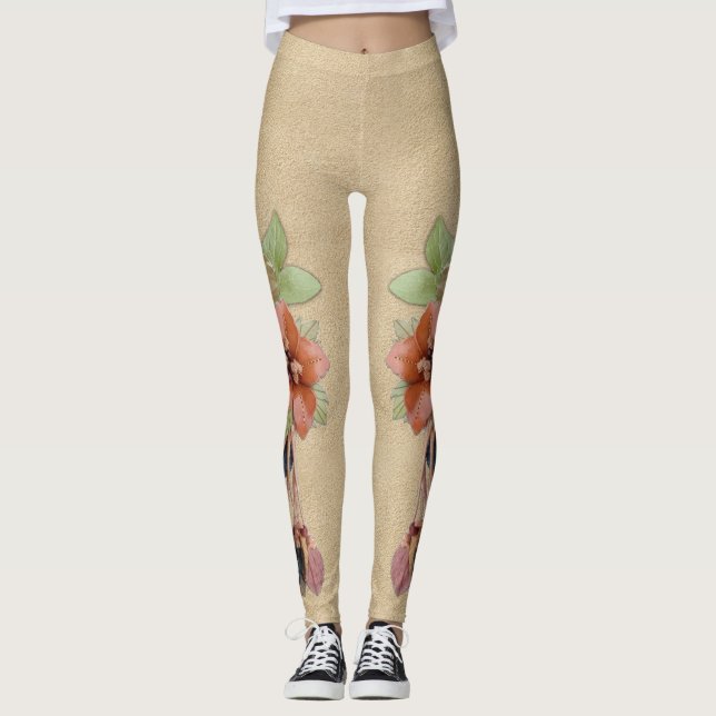 Leder-Blume auf Buttercreme Leggings (Vorderseite)