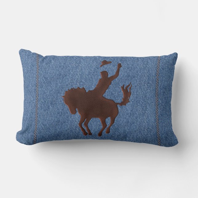 Leder Cowboy und Pferd auf Denim (Lumbar Kissen) Lendenkissen (Vorderseite)