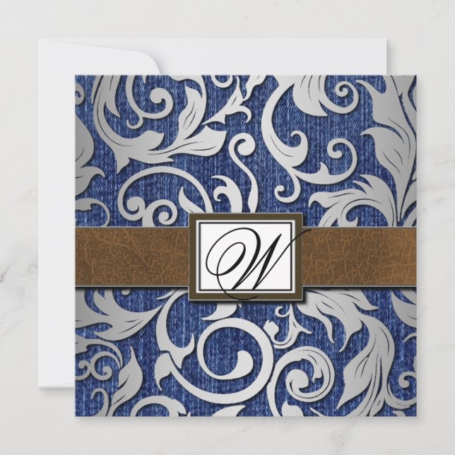 Leder Monogramm Denim Western Hochzeitseinladungen Einladung (Vorderseite)