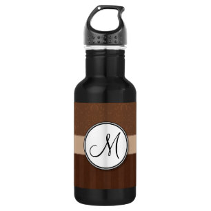 Lederbraun-Damast mit Streifen und Monogramm Edelstahlflasche