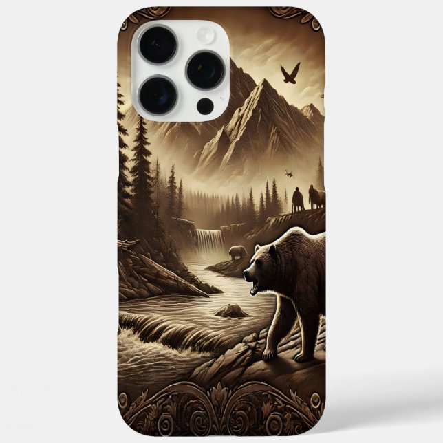 Lederdesignbär am Fluss iPhone 16 Pro Max Hülle (Rückseite)
