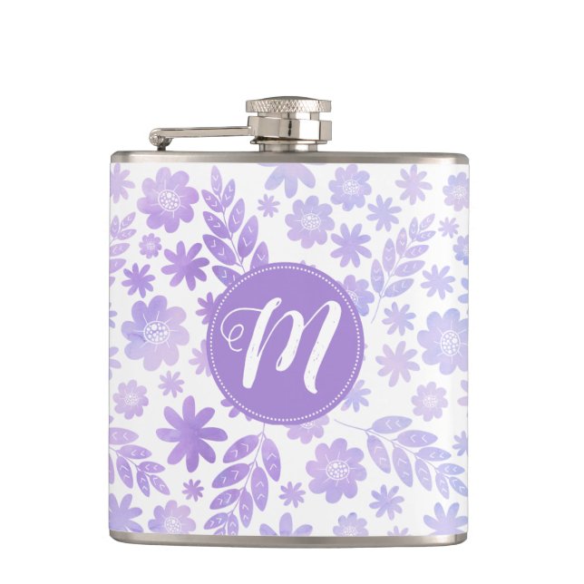 Lederhandgezogenes Blumenmuster und Monogramm Flachmann (Vorderseite)