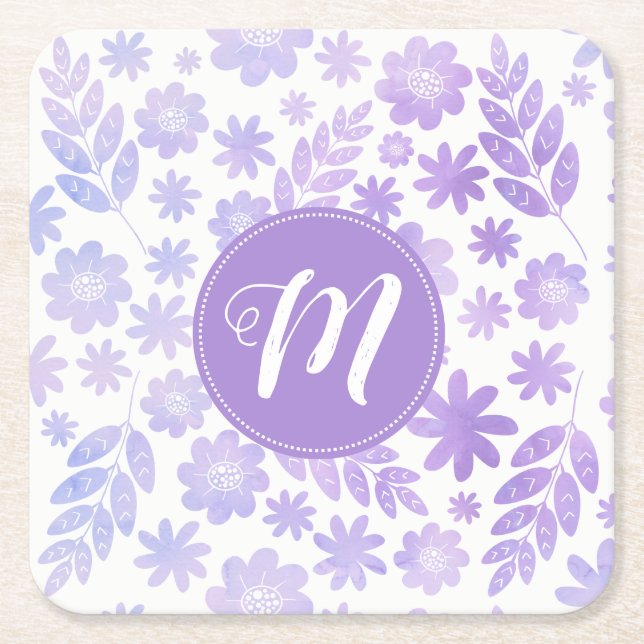 Lederhandgezogenes Blumenmuster und Monogramm Rechteckiger Pappuntersetzer (Vorderseite)