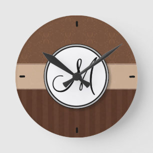 Lederner Brown-Damast mit Streifen und Monogramm Runde Wanduhr