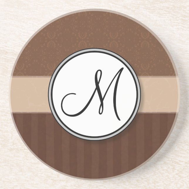 Lederner Brown-Damast mit Streifen und Monogramm Sandstein Untersetzer (Vorne)