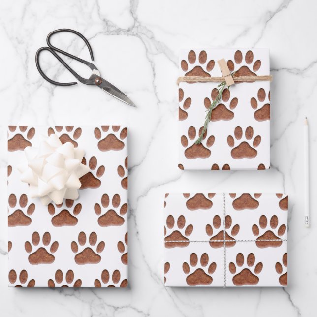 Ledertextur Dog Paw Print Geschenkpapier Set (Vorderseite)