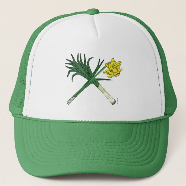 Leek und Daffodil Crossed Truckerkappe (Vorderseite)