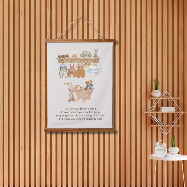 Legen Sie sich in das Boho Baby Kinderzimmer zum S Wandteppich Mit Holzrahmen (Lay You Down to Sleep Prayer Boho Baby Nursery Hanging)