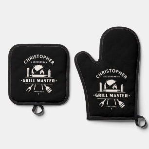Legendärer Grillmeister Schwarz-Weiß-BBQ Ofenhandschuh & Topflappen-Set