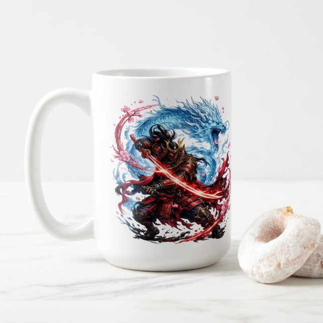 Legendärer Samurai & Blauer Drache Becher | Japani Kaffeetasse (Mit Donut)