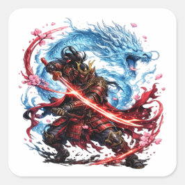 Legendärer Samurai & Blue Dragon Becher | Japanisc Quadratischer Aufkleber