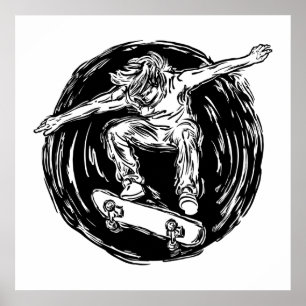 Legendärer Skater beim Skateboarden im Mittelluftb Poster