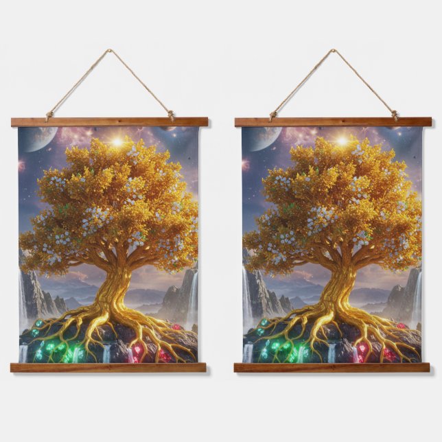 Legendary Golden Tree of Gems - Mystical Fantasy T Wandteppich Mit Holzrahmen (Doppelt)