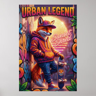 Légende Urbaine Renard Skateur Affiche Néon Graffi