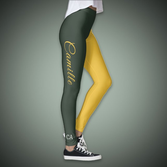 Legging bicolore or & vert forêt (Two Tone Gold & Forest Green Monogram Leggings)