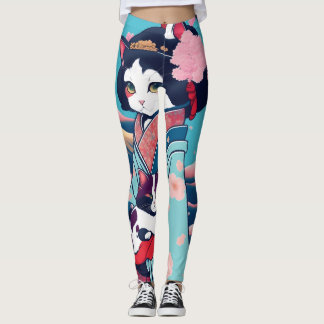 Leggings 猫の初恋~浮世絵と着物に包まれた和風のkawaiiくてキュートな女の子の恋ねこ物語~レギンス