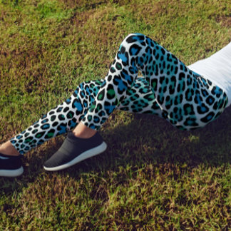 LEGGINGS 青と緑のヒョウ柄レギンスハイウェストカプリ