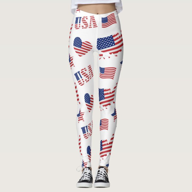 Leggings 4 juillet USA Drapeau Coeur Rouge Bleu Blanc (Devant)