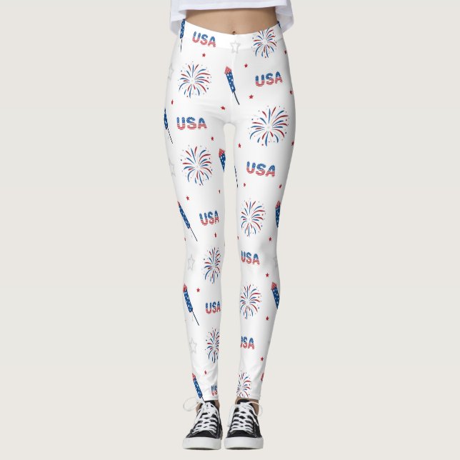 Leggings 4 juillet USA Indépendance Feu d'artifice blanc (Devant)