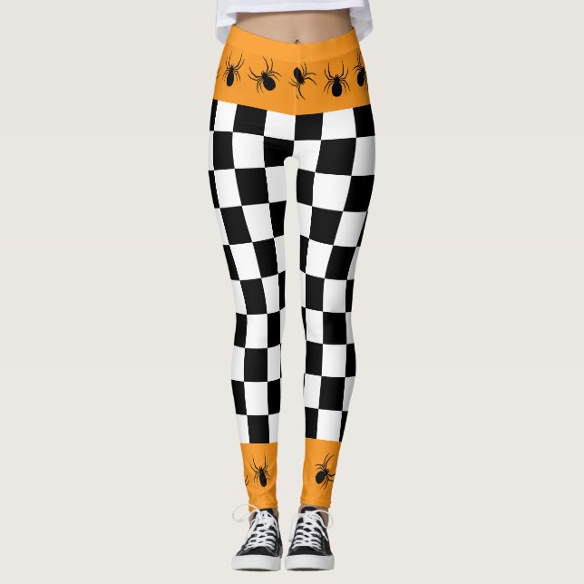 Leggings à damiers araignées d'Halloween noir blanc orange (Devant)