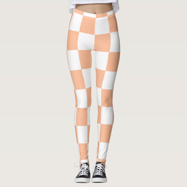 Leggings à damiers carré pêche et blanc rétro géométrique (Devant)