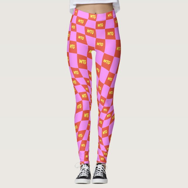 Leggings à damiers néon rose orange jaune monogrammé (Devant)